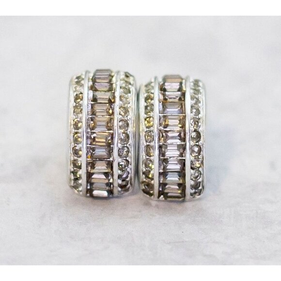 Vintage Art Deco Silver Tone Rhinestone Clip On Earrings - C8 - Picture 1 of 3